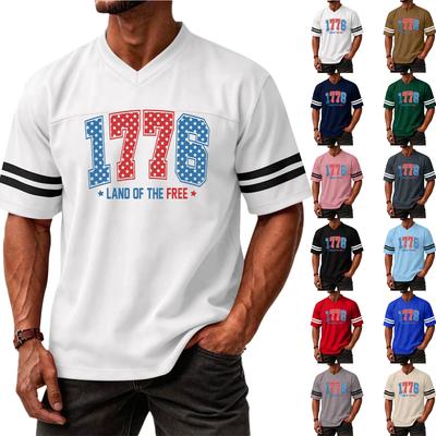 Men V Neck Casual Short Sleeve Sports T Shirt with 1776 Land of the Free Print Athletic Fit Jersey Style Top