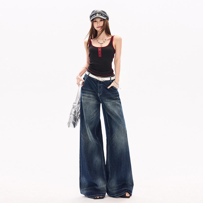 Women's Retro Tie-Dye Wide-Leg Denim Jeans with Dark Blue Bamboo Texture
