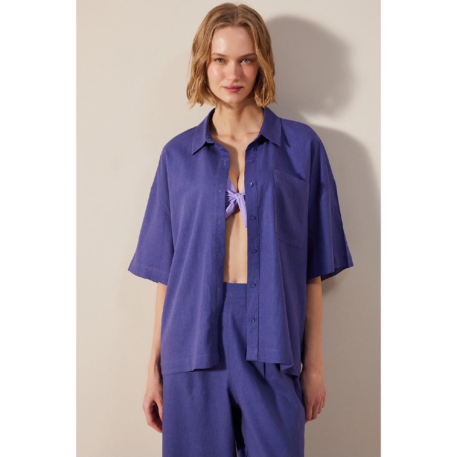 

Рубашка из натурального льна темно-синего цвета XS