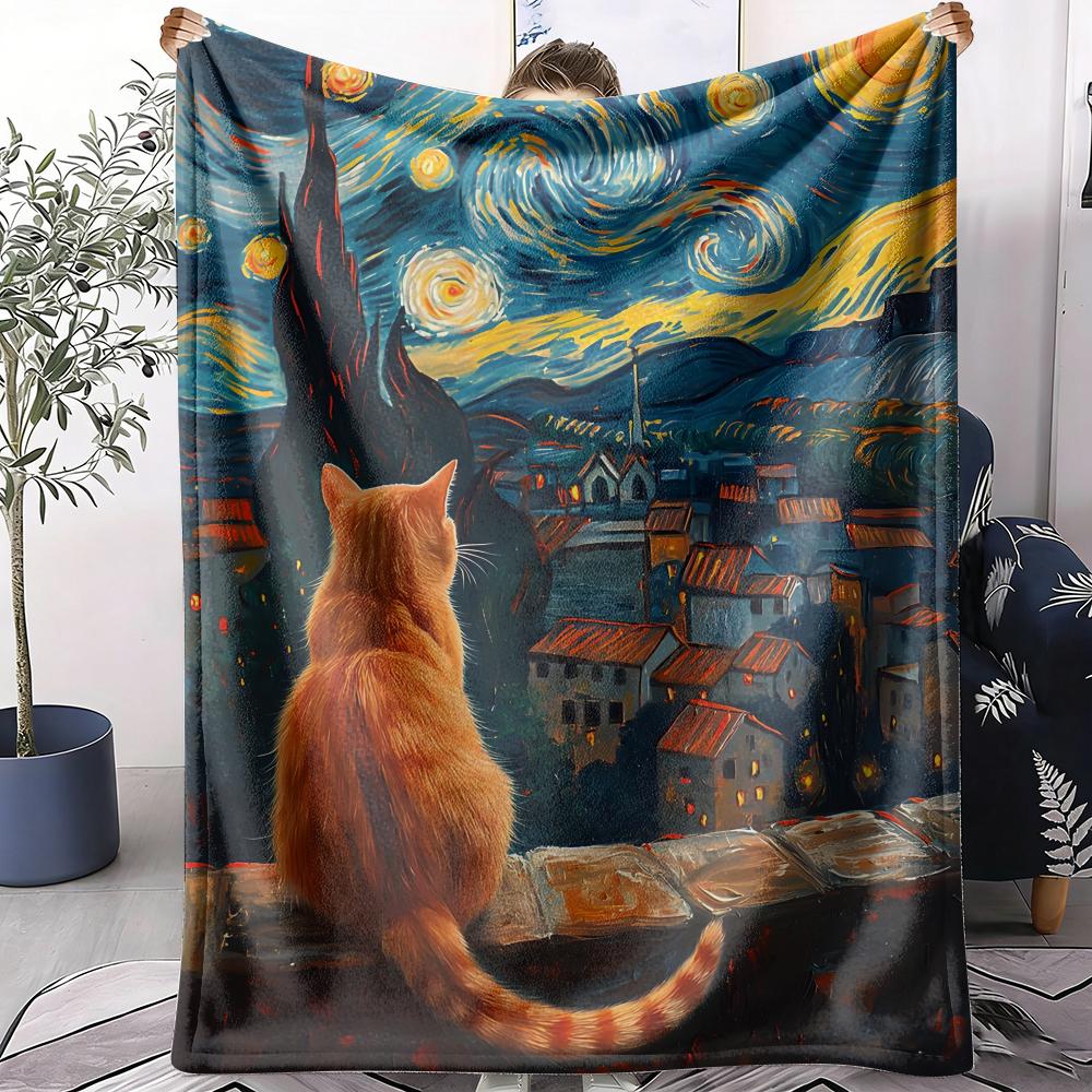 Starry Night And The Cat Throw Soft Flannel AC Blanket Lightweight Summer Nap Throw Cozy  Blanket for Sofa Bed Travel Home