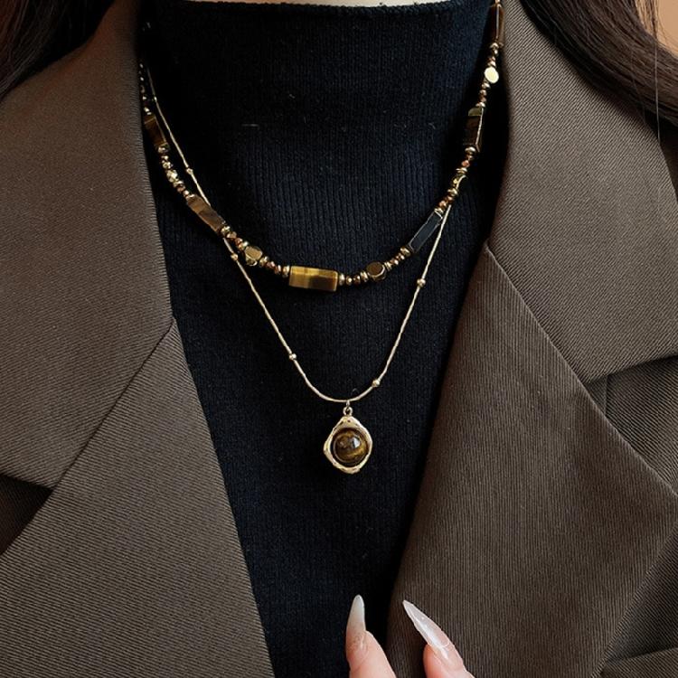 Sophisticated Retro Styles Necklace with Tigers Eye Stone Pendant and Double Layer Chain Designs Accessory for Women