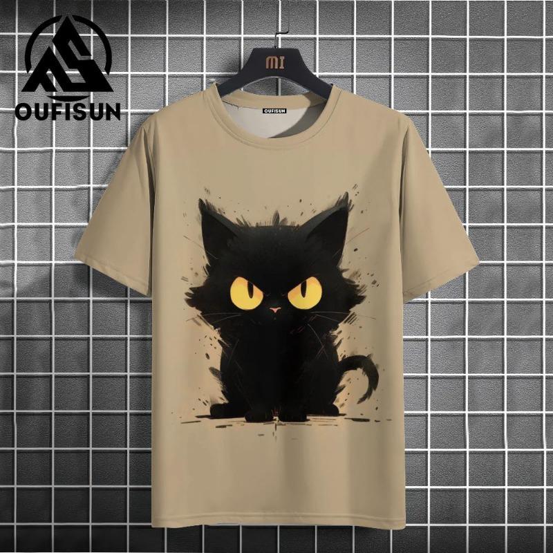 Letní pánské tričko Animal Cute Cat Print Crew Neck Krátký rukáv Tričko Street Trend Tops Nadměrné pánské oblečení Tričko pro muže