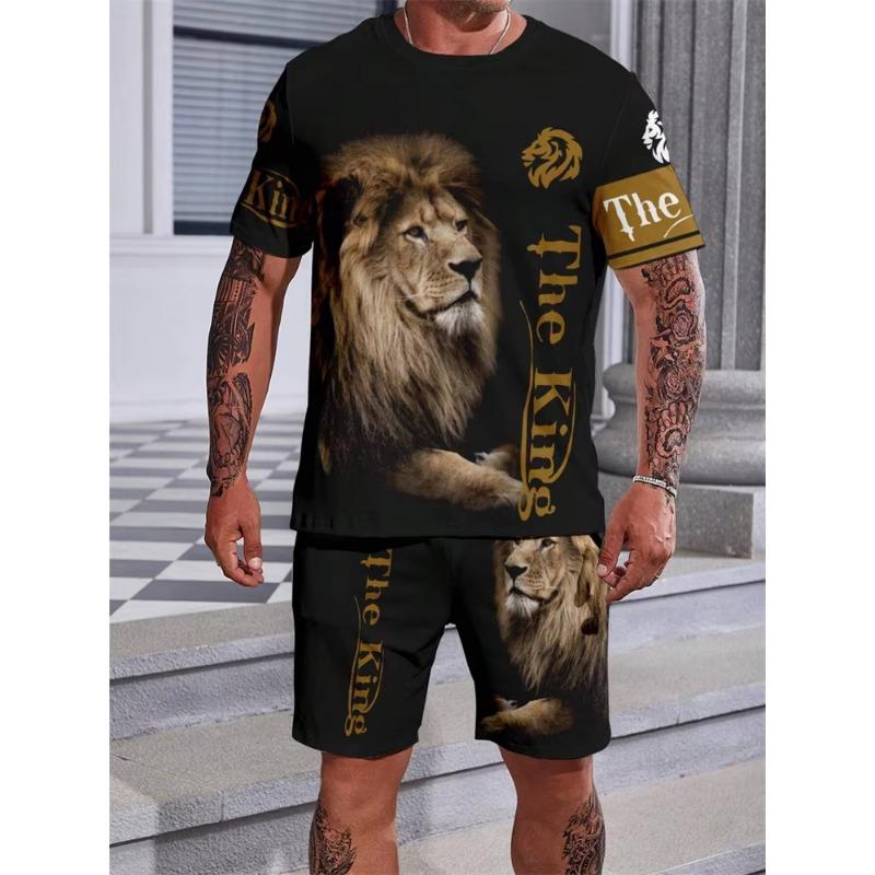 2024 New Crew Neck Short Sleeve T-shirt Fashion Shorts Set 3D Lion Print Short Sleeve Shorts 2-piece Men's Summer Sports Set