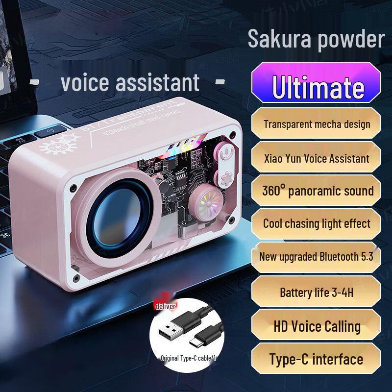 

V1 Transparent Bluetooth Speaker: Compact Steel Subwoofer with Card Slot - Ideal Birthday Gift 9D Powerful Bass+Cool Colorful Lights+AI