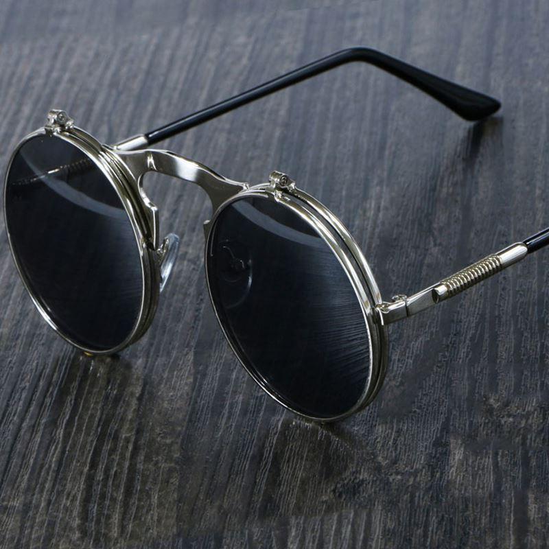 New Vintage Steampunk Sunglasses Round Steam Punk Metal Women Coating Sunglasses Men Retro Circle Sun Glasses Flap sunglasses
