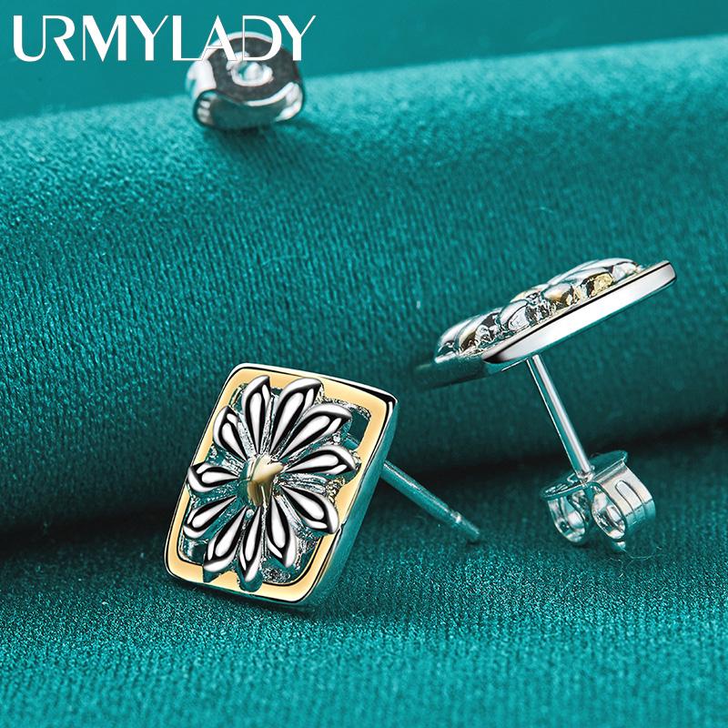 925 Sterling Silver Square Flower Stud Earrings For Women Party Fashion Jewelry