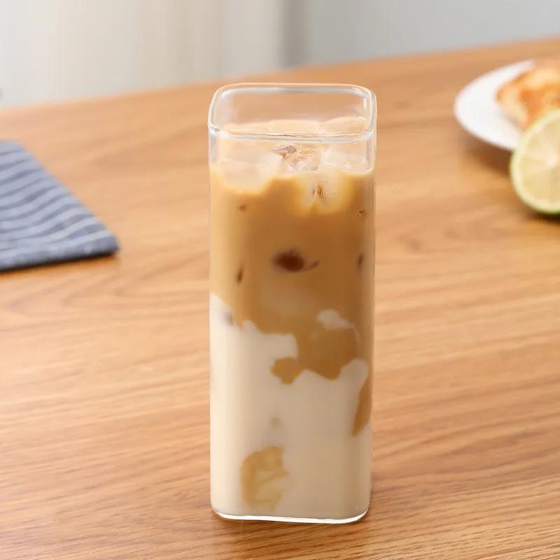 Square Heat Resistant Transparent Coffee Glass Mug Milk Tea Juice Glass Water Cup with Lid and Straw Coffee Cup Drink Mug