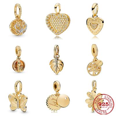 925 Silber Schmetterling Feder Pfeil Goldene Serie Anhänger Passt Original Charm Armband DIY Damen Schmuck Geschenk
