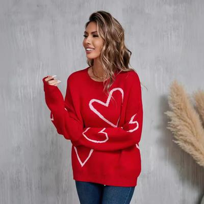 Winter Damen Pullover Liebe Valentinstag Pullover Große Pfirsich Herz Farbe Clash Pullover