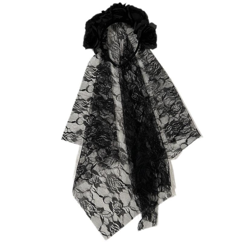 1PC Halloween Simulation Flower Cosplay Prop For Women Girls Headwear Costume Cosplay Rose Headband Lace with Black Veil