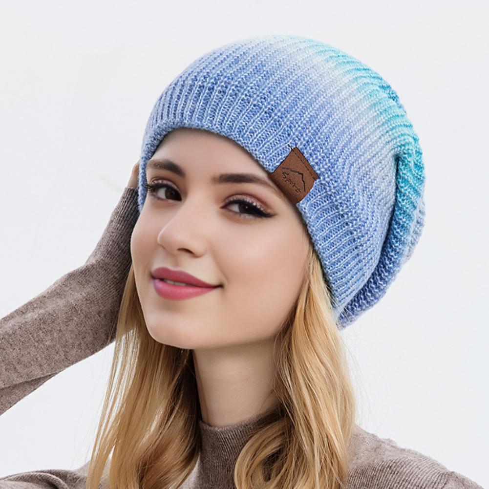 Women Winter Knitted Hat Thickened Tie Dye Gradient Rainbow Color Warm Anti Slip Windproof High Elasticity Ear Outdoo