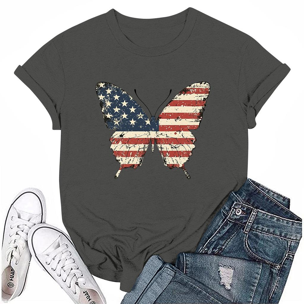 Adults Casual Daily Round Neck Independence Day Printed Short Sleeved T-shirt Letter Top
