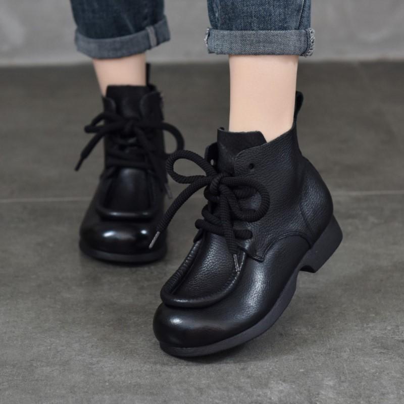 Johnature Vintage Cowhide Handmade Short Boots Genuine Leather Lace Up Round Toe Soft Soled Boots Women's Shoes