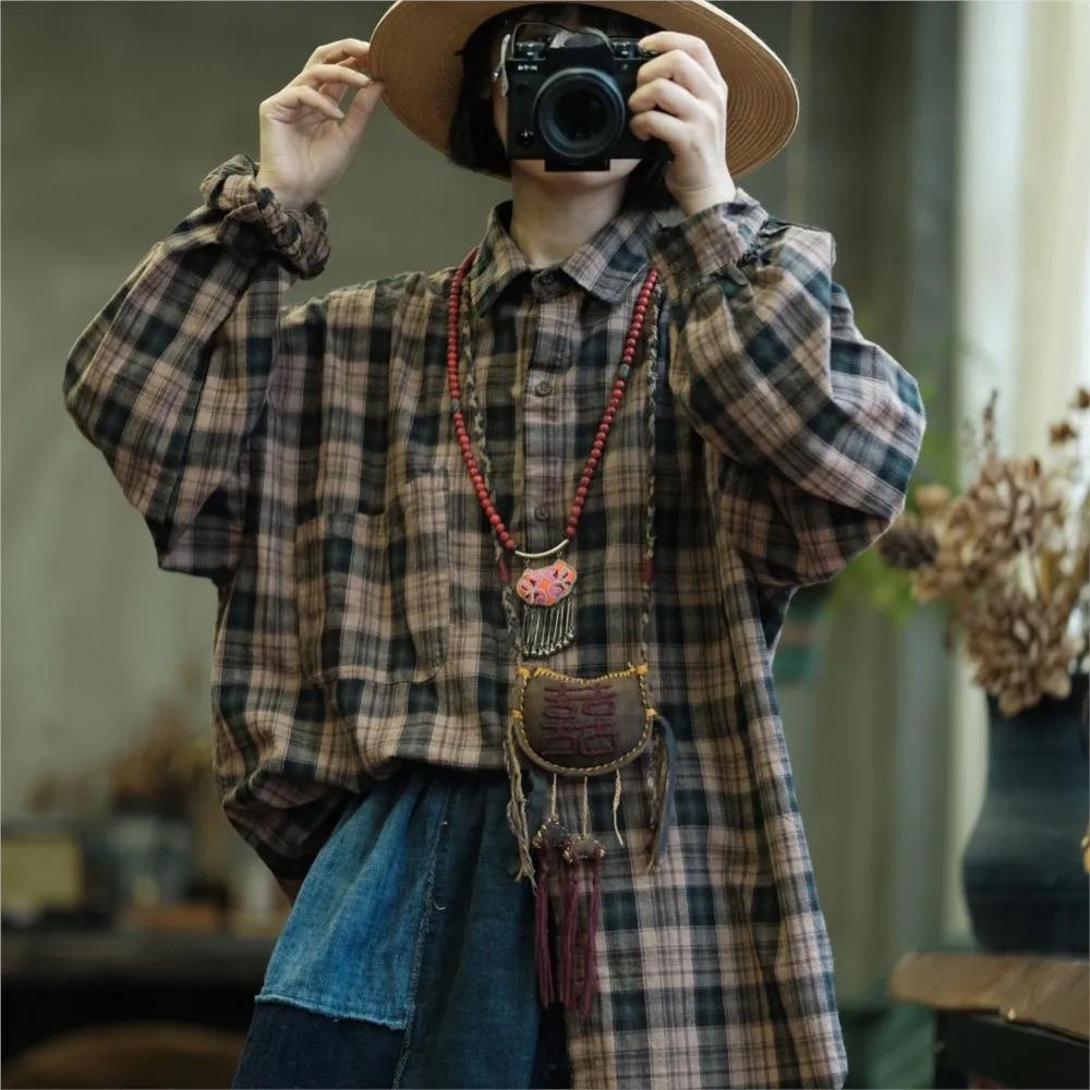 Johnature Women Vintage Plaid Shirts Tops Turn-down Collar Long Sleeve Autumn Button Pockets Female Blouses