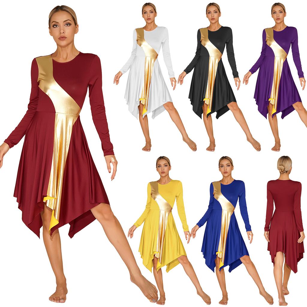 Womens Performance Dance Dress Contrast Color Patchwork Design Asymmetrical Hem Long Sleeve Church Worship Costume