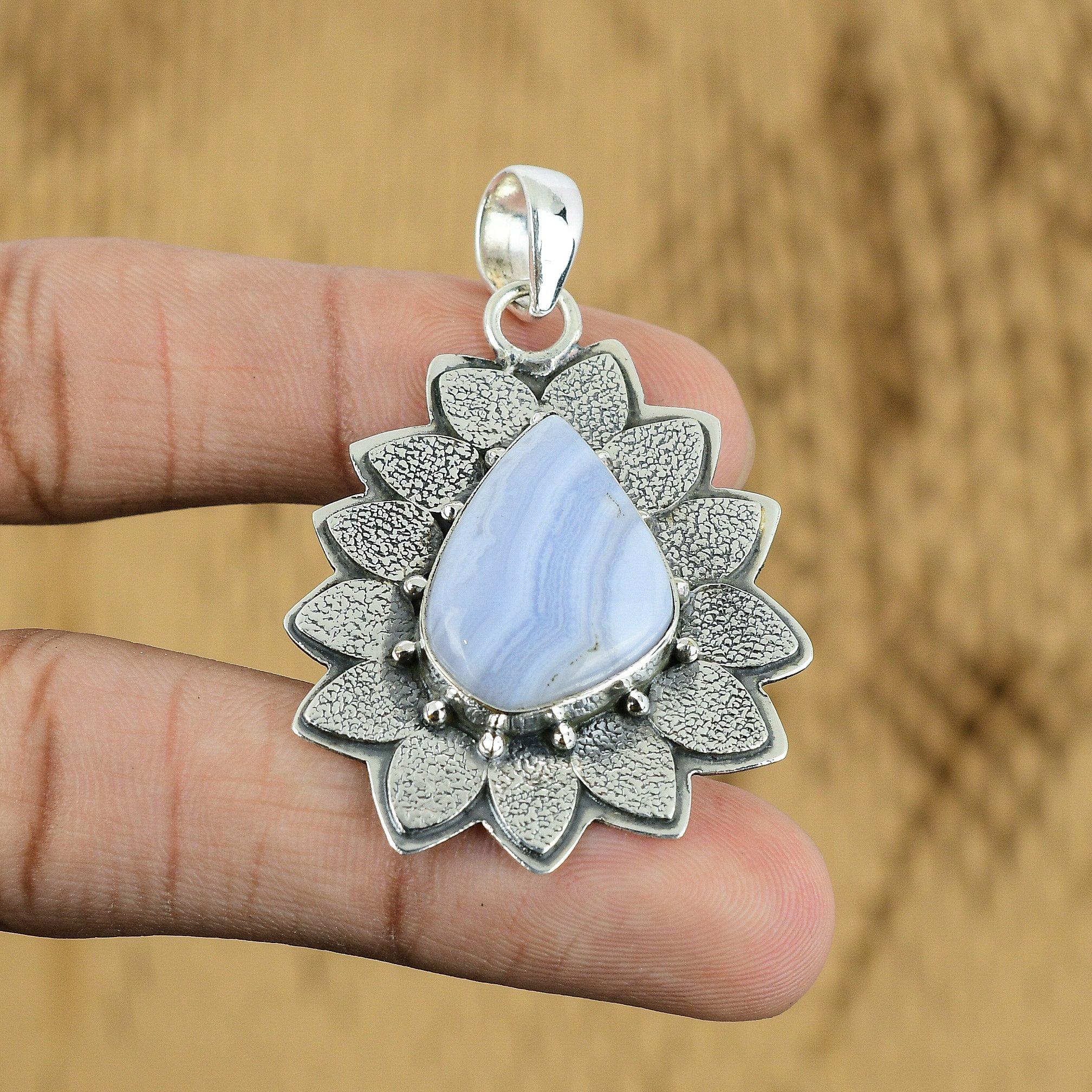

Sterling Silver Pear Third Eye Chakra Blue Lace Agate Stone Anniversary Pendant