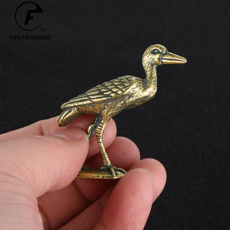 Retro Brass Crane Figurines Miniatures Tea Pet Small Animal Statue Crafts Collection Office Desk Ornament Lucky Home Decorations