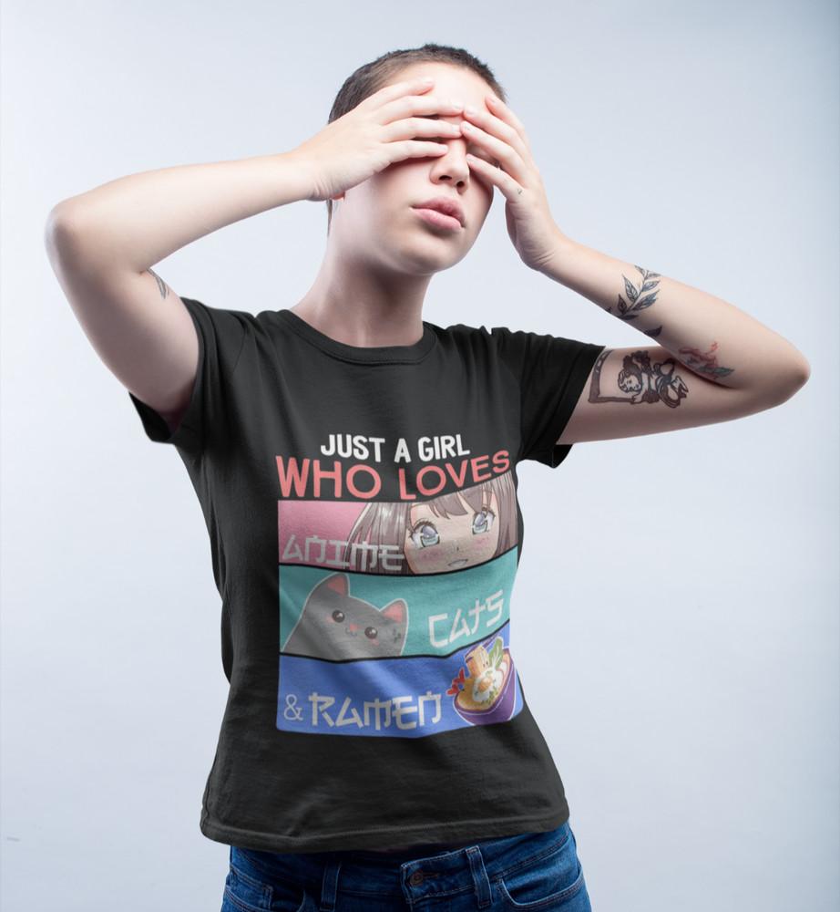 Just a Girl Who Love Anime Cats Ramen Fan Geek Otaku Damen Shirt Oversize