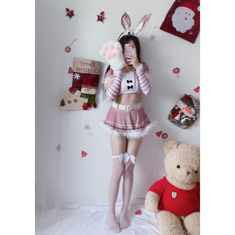 Christmas Lingerie Set Cute Bunny Cosplay Costume Halloween Party Pink Red Two Colors