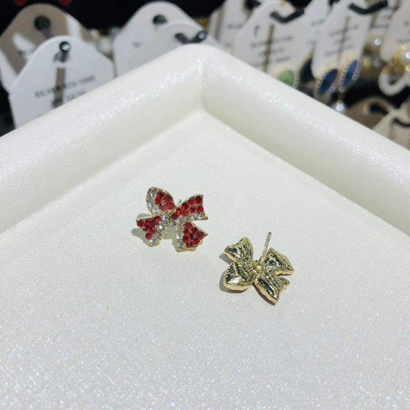 New Style Temperament Red Color Christmas Bow Stud Earrings for Women Rhinestone Bowknot Red Ball Earring Girls Party Jewelry