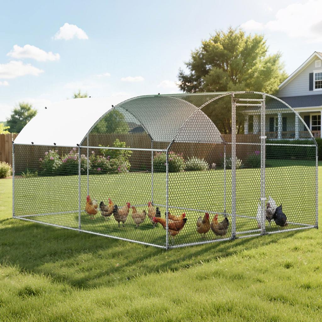Large Metal Chicken Coop 3 X 3.97 X 2 M Walk-in Chicken Run House, Doom Roof Hen House Enclosure with Cover and Security Lock, Outdoor Duck Rabbit