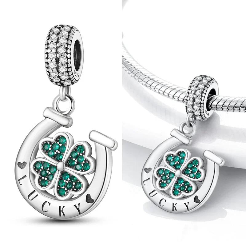 Lucky 925 Silver Charms Green Four Leaf Clover Horseshoe Bead Earrings Pendant Exquisite Bracelets Necklaces DIY Jewelry
