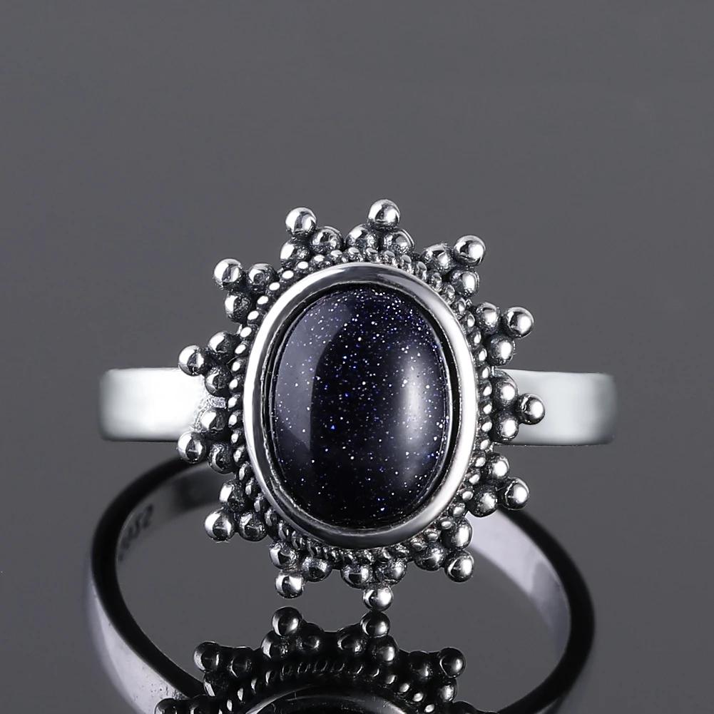 S Srebrny Pierścionek dla Kobiet Owalny Okrągły Kształt Kropli Wody Naturalny Błękitny Piaskowiec Pierścionek Prezent Kształt Słońca Retro Luksusowy Delikatny