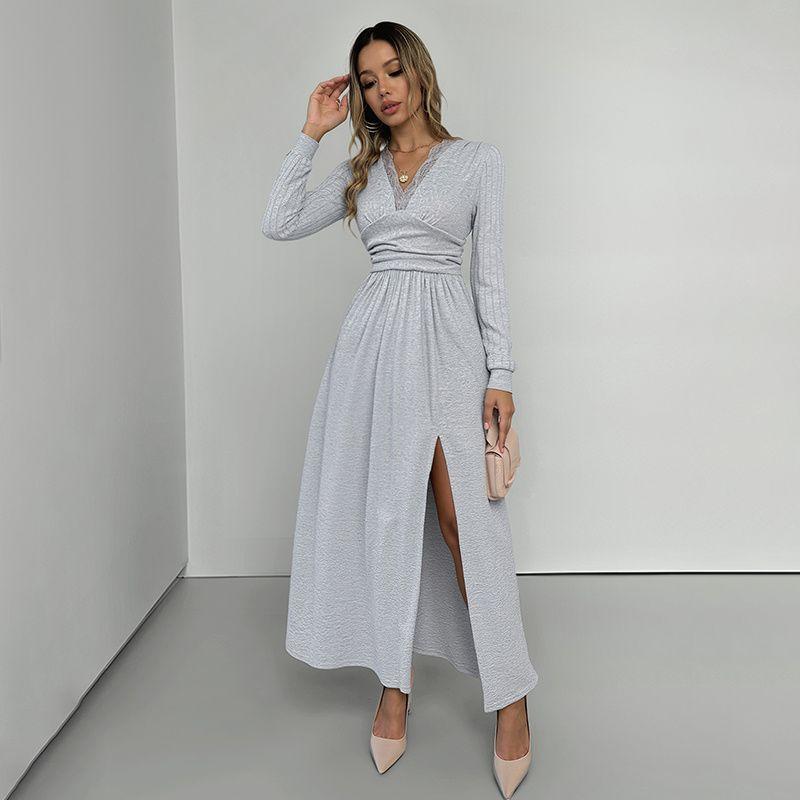 

Fashion Women Dress Casual Ladies Skirt Long sleeve V-neck Sanding Split Women s Maxi Dress Light gray XL