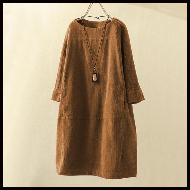 Women's Round Neck Long Sleeve Corduroy Midi Dress Loose A-Line Dress Vintage Retro Solid Color Casual Plus Size Shift Dress