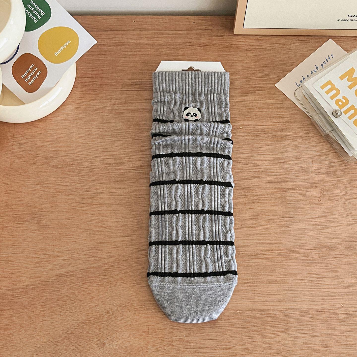 

Korean Style Women s Mid-Calf Socks - Striped Cartoon Panda Embroidery Trendy Long Socks One Size