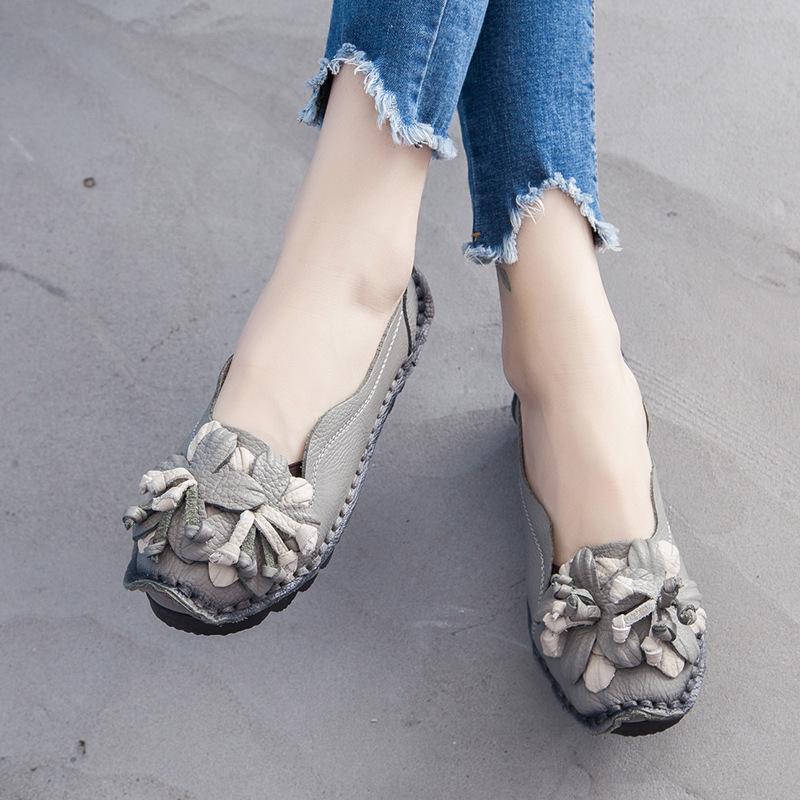 Handmade Flower Shoes Women Soft Flat Bottom Shoes Autumn Casual Sandals Genuine Leather Comfortable Breathable