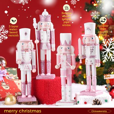12in Pink Painted Nutcracker Soldier Wooden Handmade Figurine Christmas Decor Holiday Party Home Desktop Decoration Friends Gift