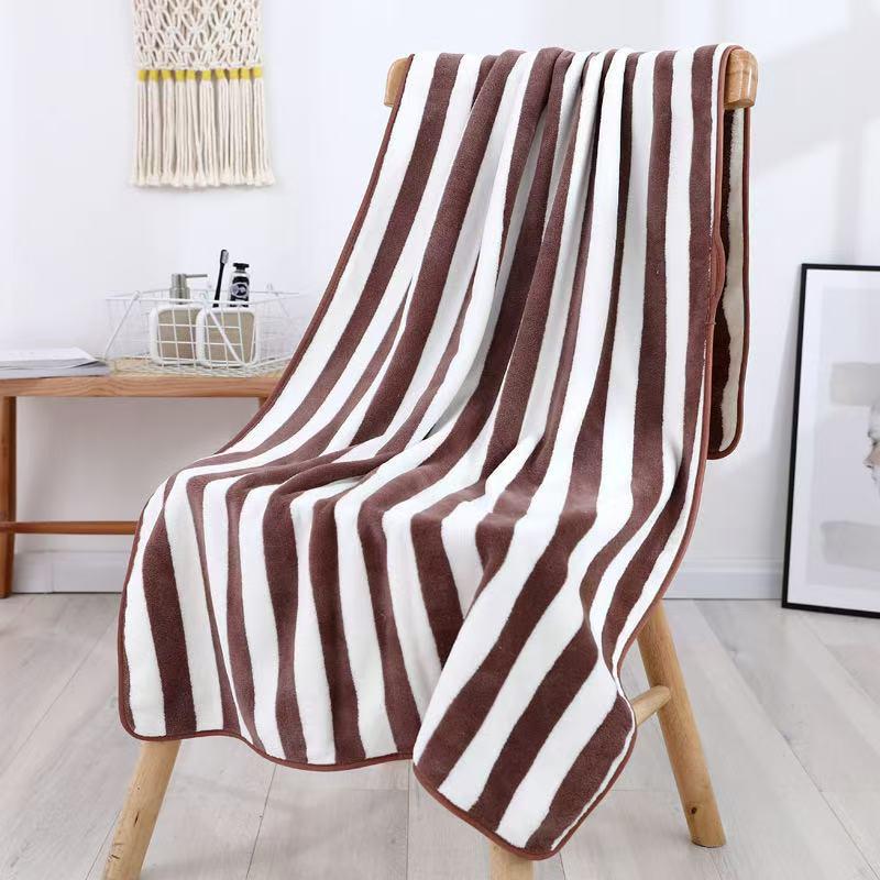 Striped Coral Fleece Bath Towel - Soft, Absorbent, No Shedding.