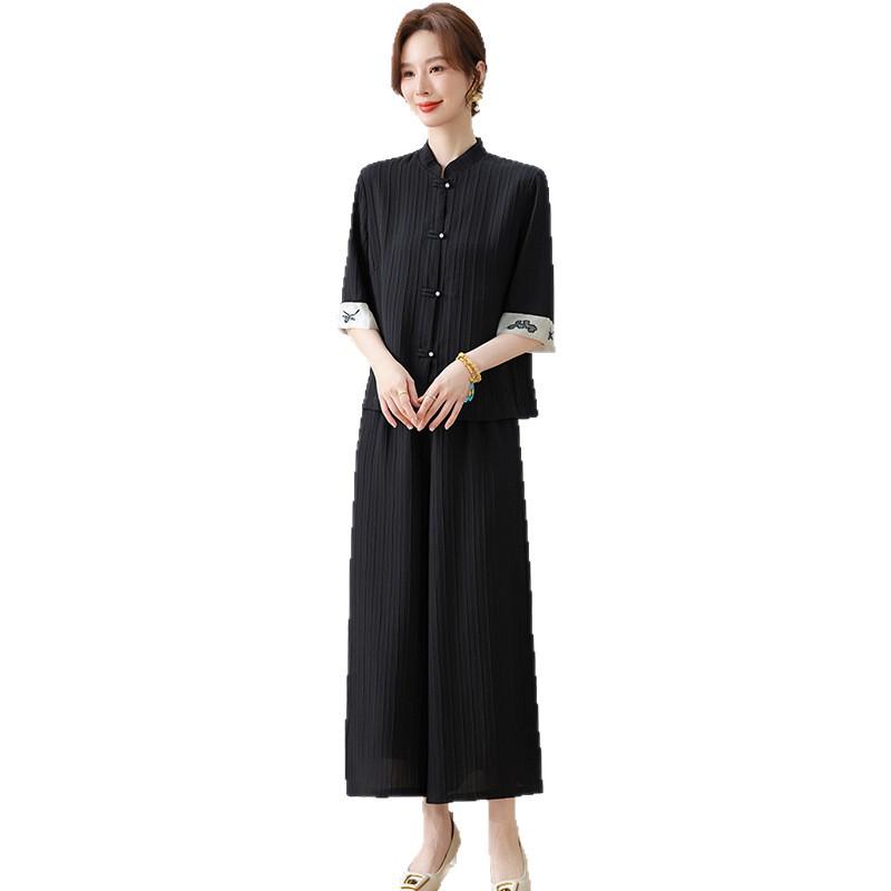 Summer Chinese-Style Short Sleeve Suit for Middle-Aged Women: Frog Button Top & Loose Wide-Leg Pants Set