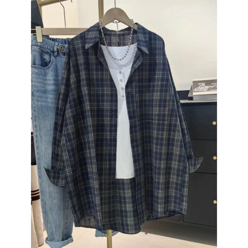Loose Large Size Plaid Shirt for Women Autumn New Casual Lazy Style Relaxed Shirt