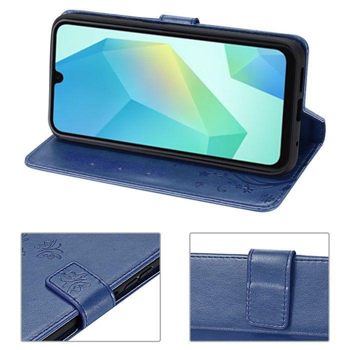 Hülle für Samsung Galaxy A16 5G/4G - BOOLING - Blumen-Schmetterlings-Muster - Dunkelblau - 2 Panzerglas