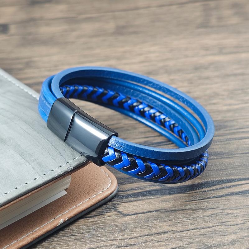 Men Bracelet Vintage Multilayer Blue Leather Stainless Steel Charm Wrist Bangle Luxury Male Jewelry Birthday Anniversary Gift