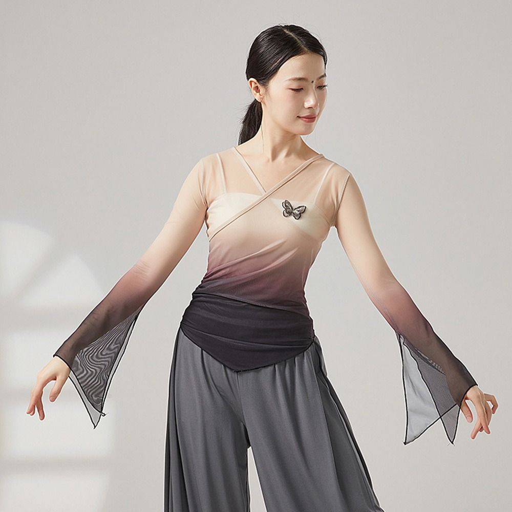 Gradient Classical Dance Top Butterfly Performance Training Costumes Flared Sleeve Shirt  Dance