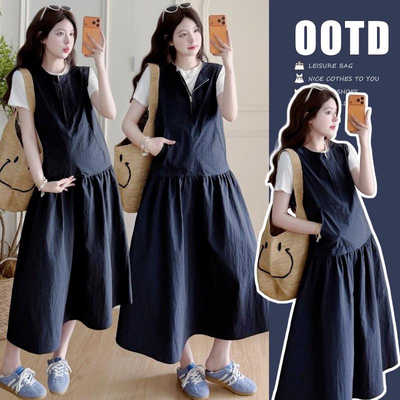 

Summer 2026 Maternity Round Neck Solid Vest Dress & T-Shirt Set - Age-Reducing, Casual Two-Piece Outfit L