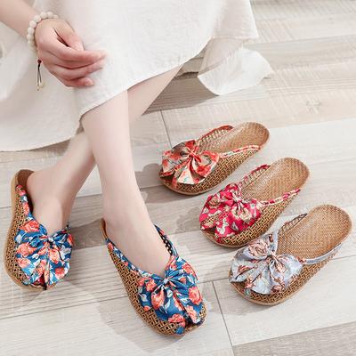 Sommer Grasmatte Hausschuhe Zuhause Rattan Schmetterlingsknoten Hausschuhe Indoor Zuhause Sommer Damen Leinen Hausschuhe