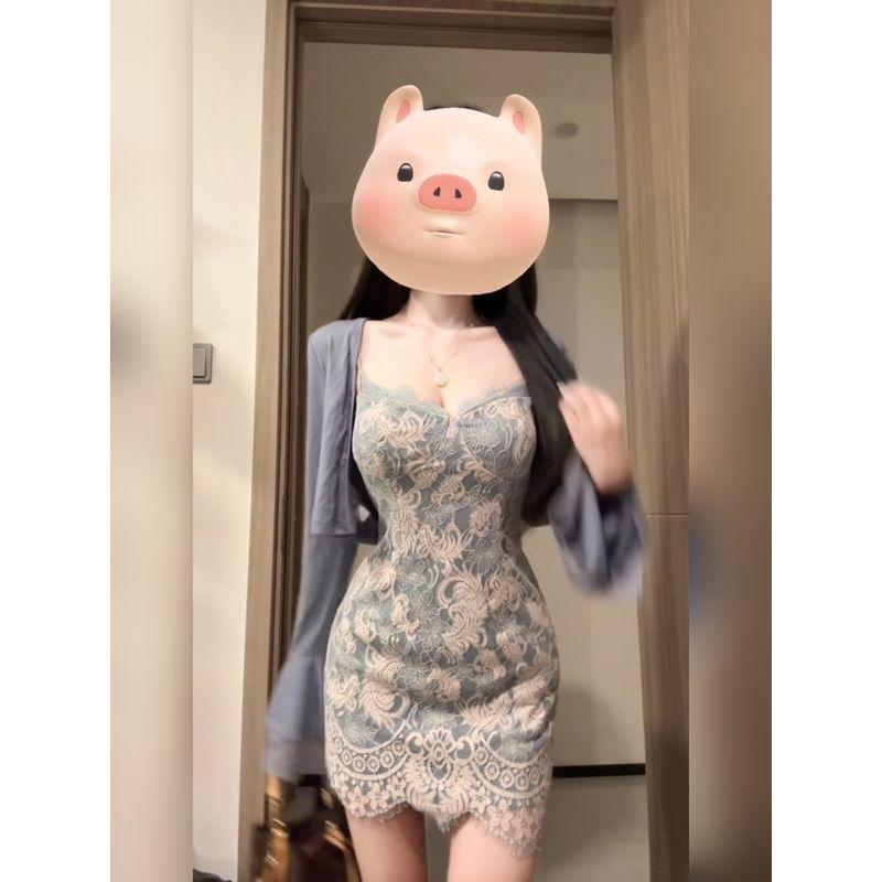 

XZY Loose-Fit Adult Ladylike Wind silm Lace Sling Dress Women s 25 Years Autumn Elegant Horn Sleeve Cardigan Suit Cardigan [Ready Stock] M