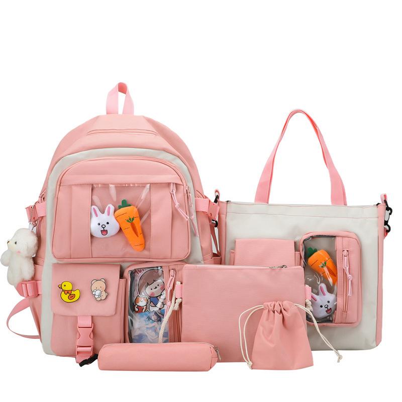 INS High School Durable Five-Piece Backpack Set for Girls - Large Capacity, Double Shoulder Bag for Junior and Middle School Students