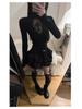 Dark American Style Spicy Girl Cross Cutout High Neck Women's Slim Fit Top - Spring/Autumn T-shirt
