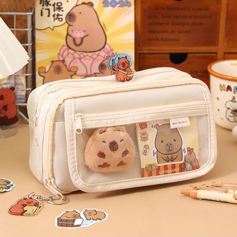 Large Capacity Pencil Bag Capybara Cartoon Stationery Holder Bag With Brooches Stickers Clips Keychains Children Pen Case
