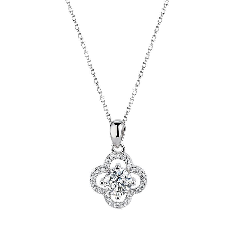 S925 Silver Moissanite Jewelry Set: Four-Leaf Clover Necklace & Ring for Women