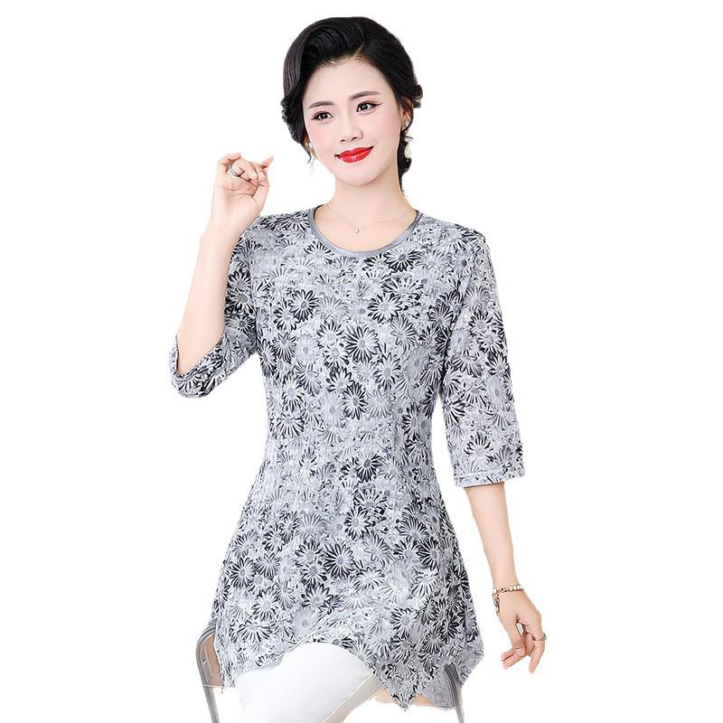 Mid-Sleeve Round Neck Tummy-Covering Stylish Top for Middle-Aged Women