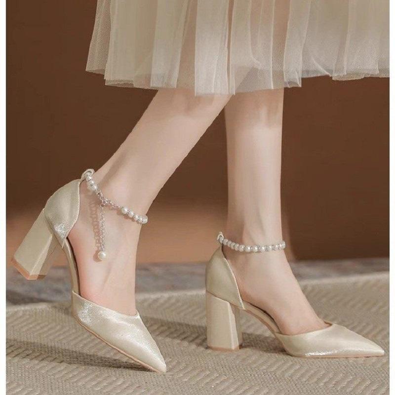 2025 New Elegant Pearl-Embellished Satin Heels - 5cm Chunky Low Heel Bridal Shoes with Adjustable Ankle Strap