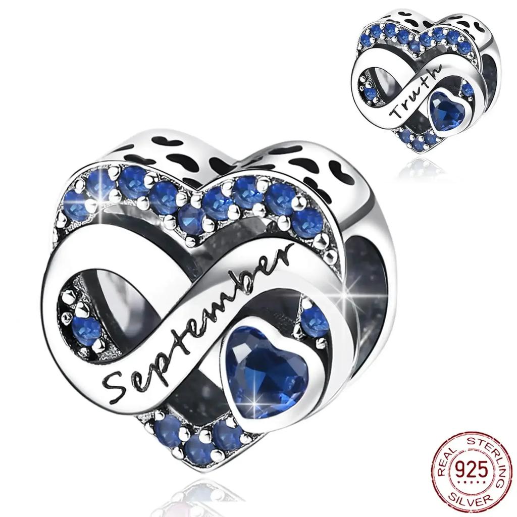 925  Silver January-December Birthday Stone Love Zircon Pendant Bead Fit Charms Necklace Bracelet Women Jewelry DIY Gift