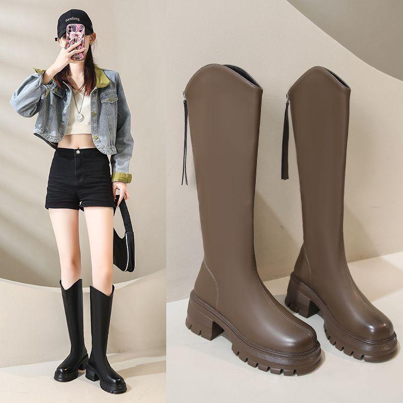 Small Thick-soled Boots Women's 2025 Autumn and Winter New Tall Rear Zipper Boots But Knee Knight Boots Tide