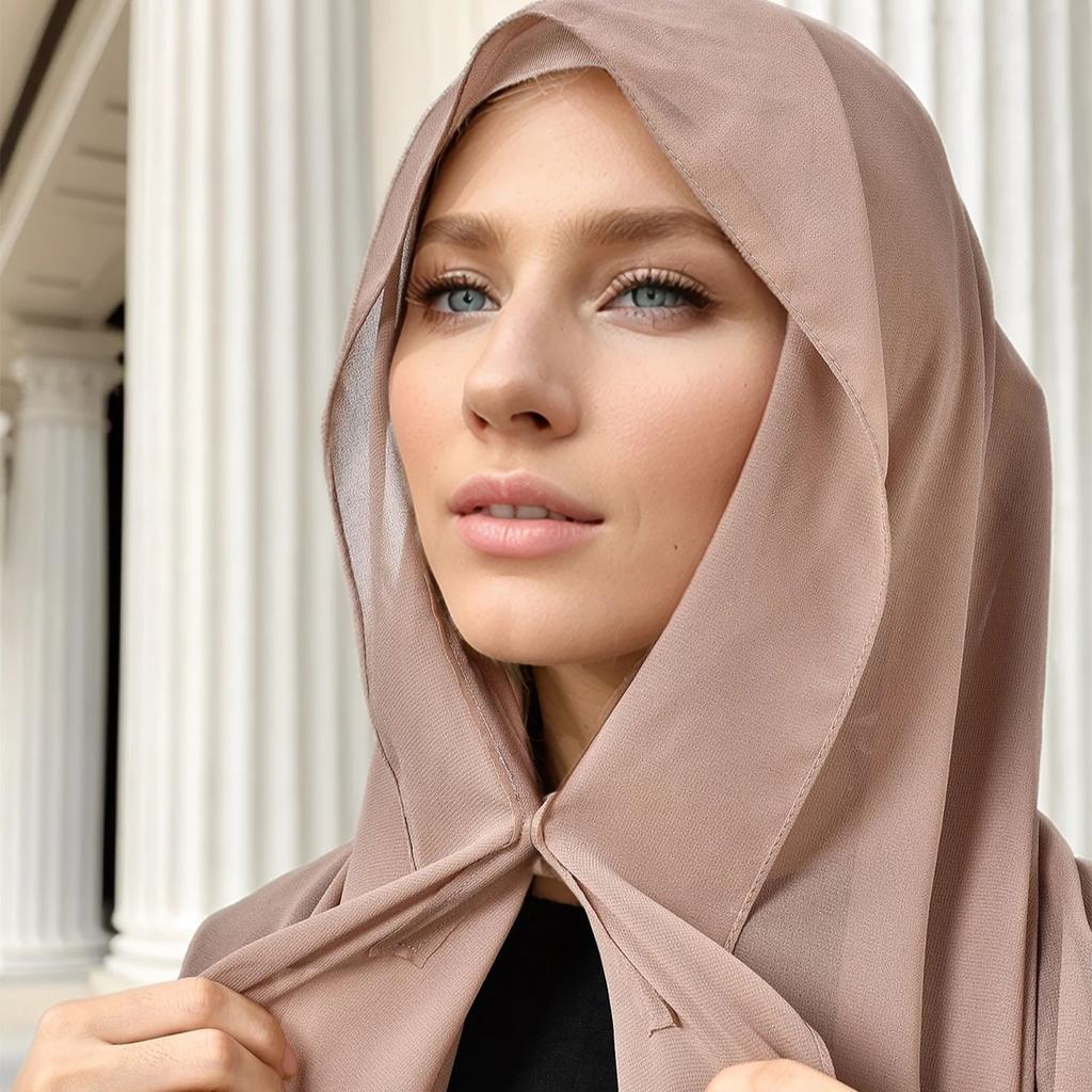Premium Instant Chiffon Hijab With Bulit-In Magnets Solid Color Easy To Wear Shawl Wrap With Undercap For Muslim Women